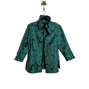 Ming Wang Jacquard Topper Jacket Size M Green Black‎ Leaf Motif Wire Collar